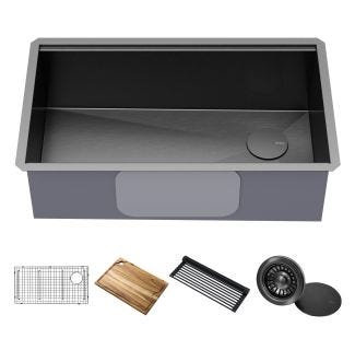 Workstation 32” Undermount 16 Gauge Black Stainless Steel Single Bowl Kitchen Sink in PVD Gunmetal Finish with Accessories 