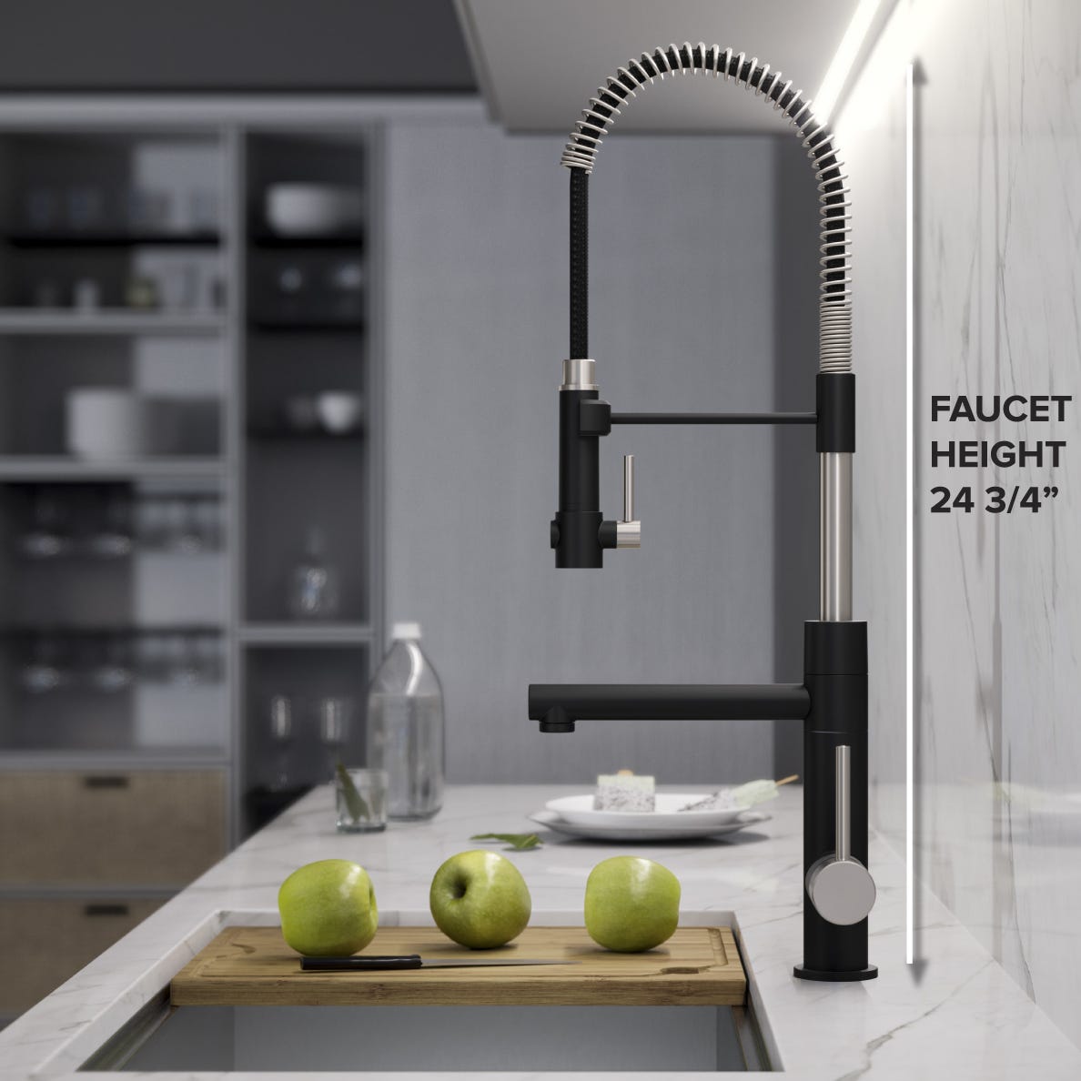 Artec Pro Commercial Style Pre-Rinse Kitchen Faucet with Kitchen Sink and Pear on Cutting Board & Knife