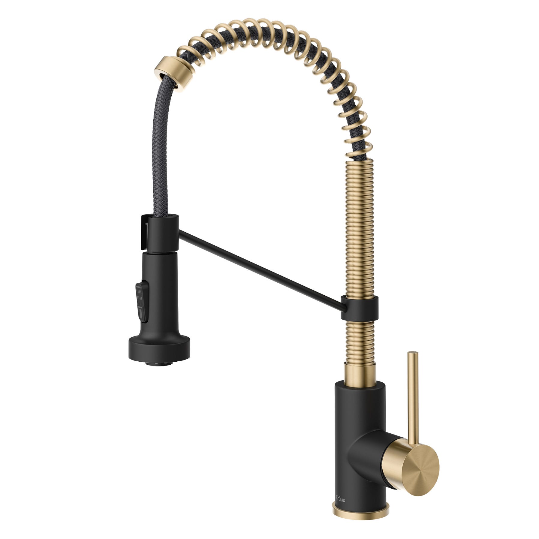 Bolden 2-in-1 brushed brass/matte black single handle pull-down water filter kitchen faucet on white background