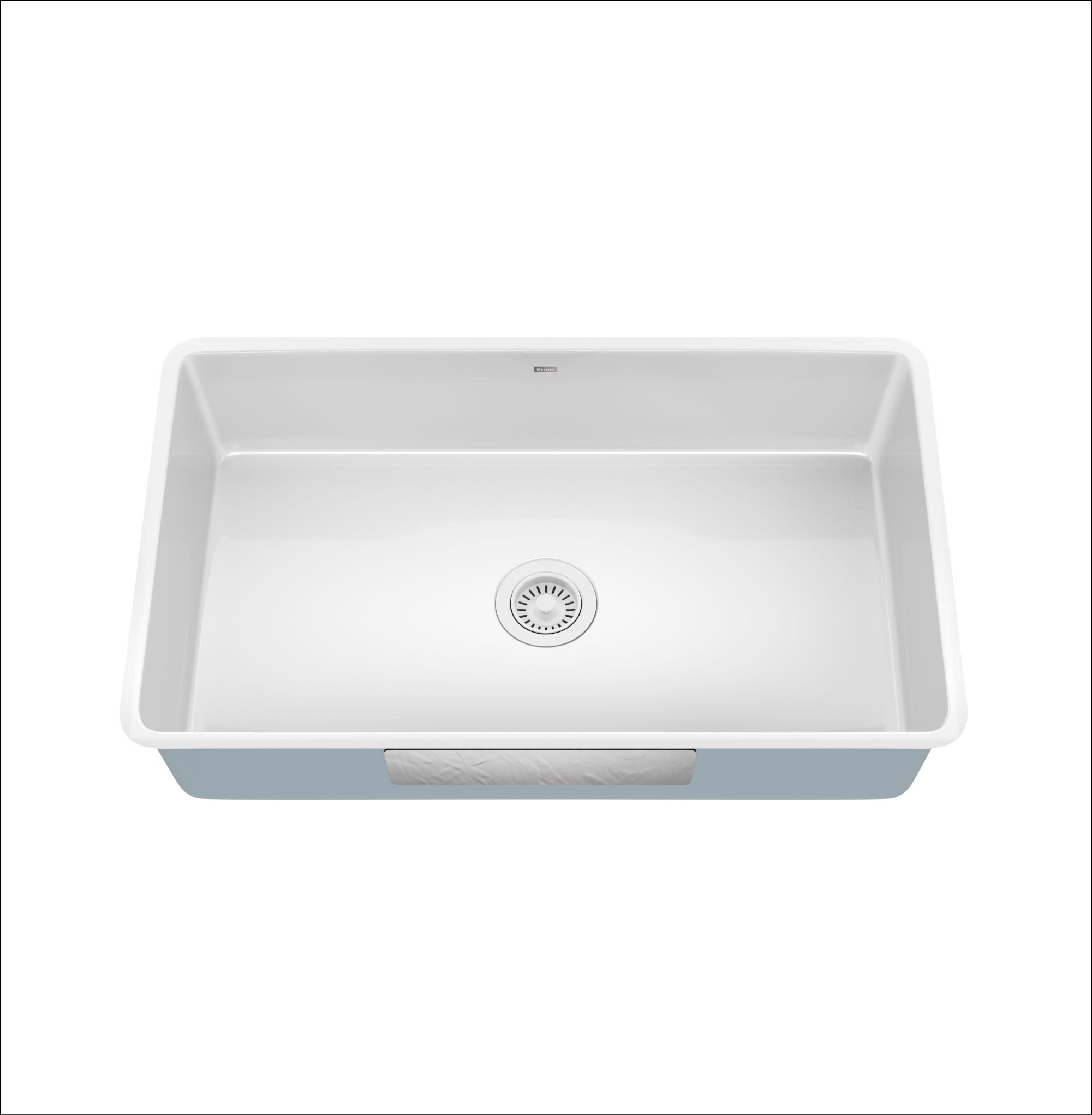 Kraus single bowl enameled kitchen sink on white background