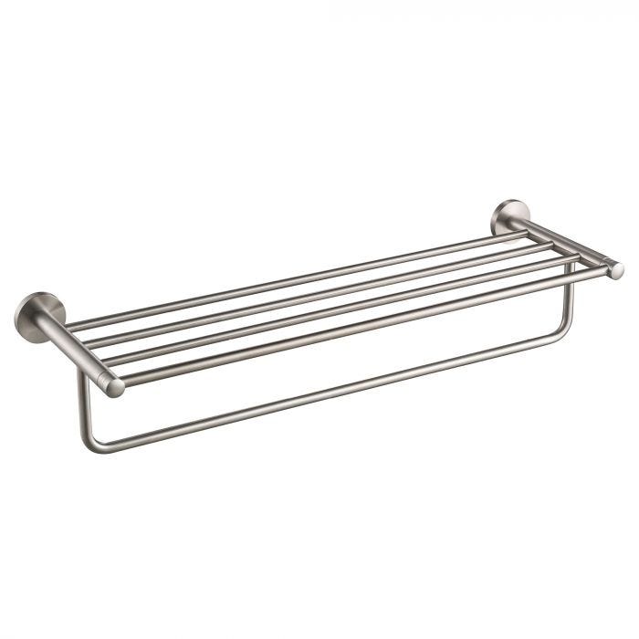 Elie bathroom shelf with towel bar in brushed nickel in plain background