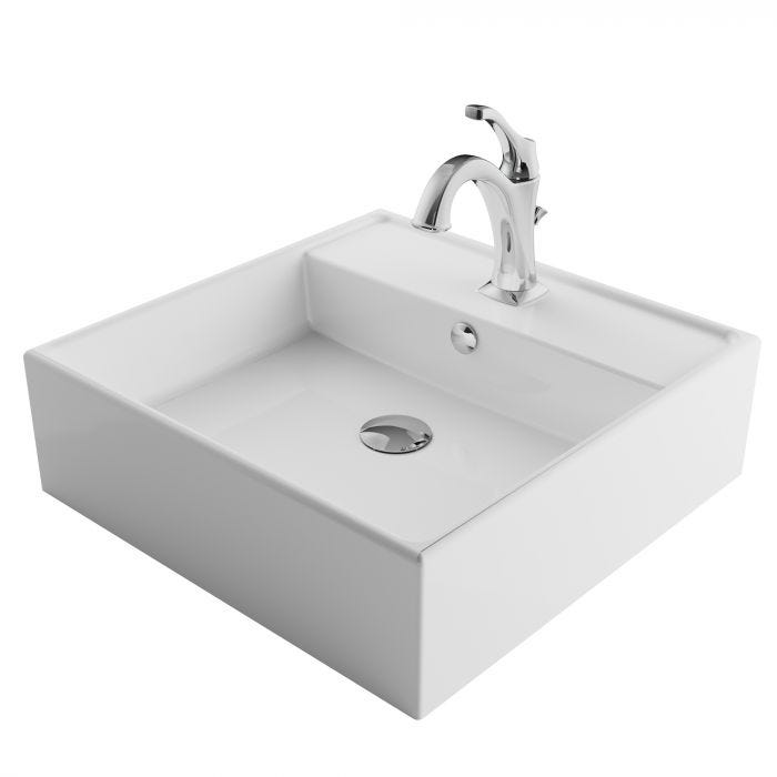 Square vessel 18 1/2" ceramic bathroom sink in white w/ arlo faucet and lift rod drain in chrome in plain background