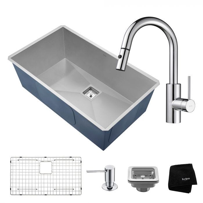 Pax 31” 16ga stainless steel undermount kitchen sink and chrome faucet combo with Noisedefend™ and accessories