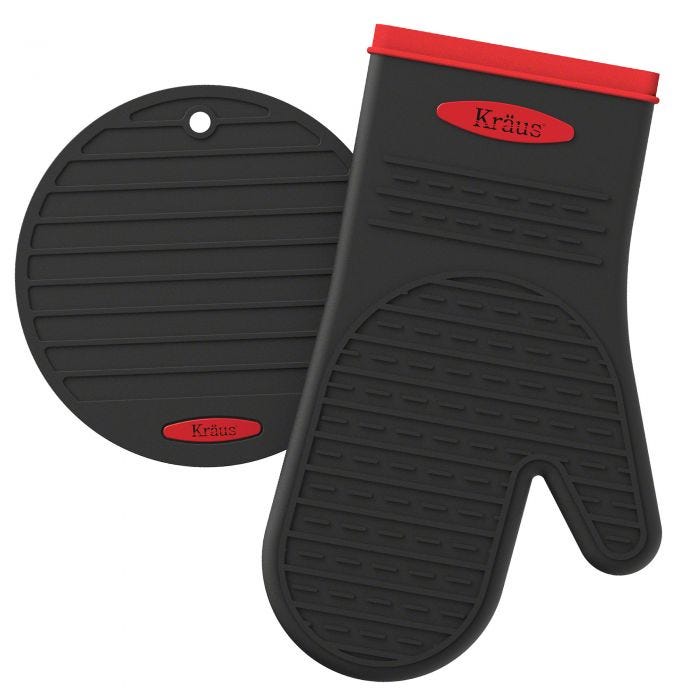 Kraus multi-functional silicone kitchen mitt and trivet set in black with red logo